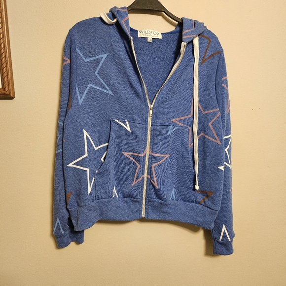 Wildfox Starlight Regan Zip Hoodie Blue Red White Stars Medium Cropped - Picture 1 of 6